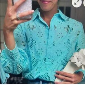 J. Crew Women's Turquoise Eyelet Cotton Blouse